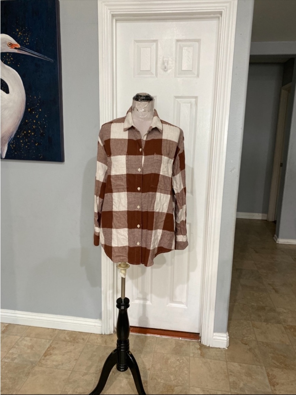 Old Navy Women Large Flannel Boyfriend Shirt in a brown and white plaid pattern.